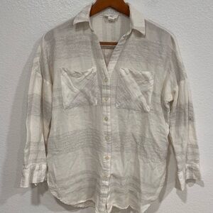 LOFT Cream and Gray Striped Button Down Shirt